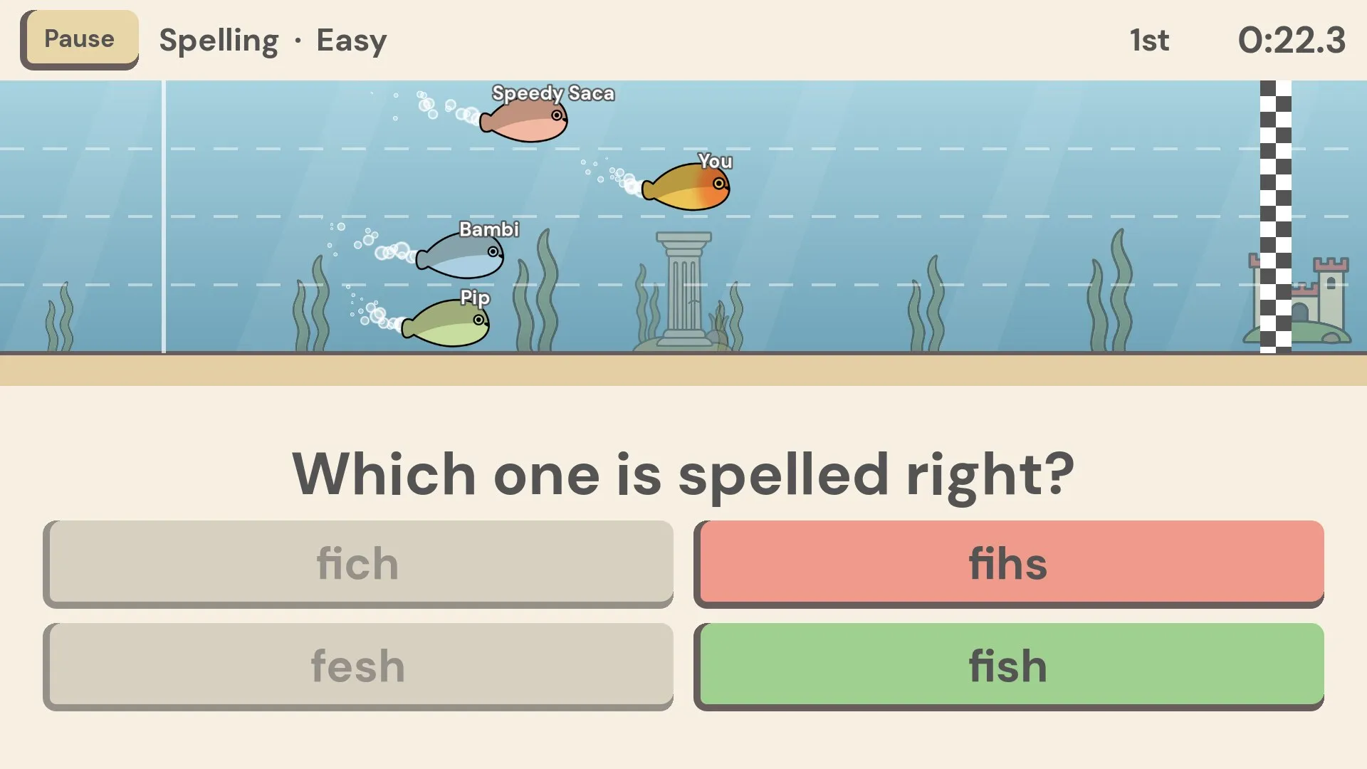 A Spelling question. The player picked "fihs", which shows red, and "fish" lights up green.