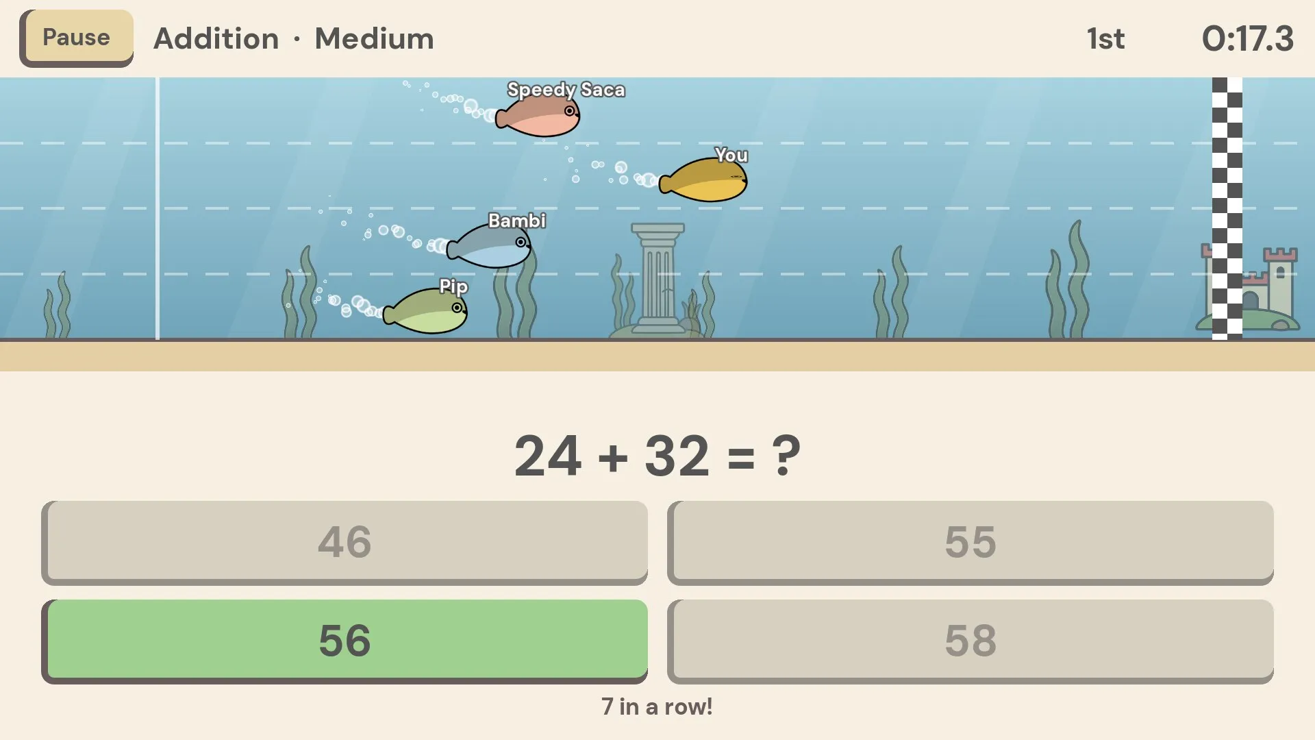 A race on Addition, Medium. Four fish swim toward a checkered finish line while the question 24 + 32 sits below with 56 marked right.