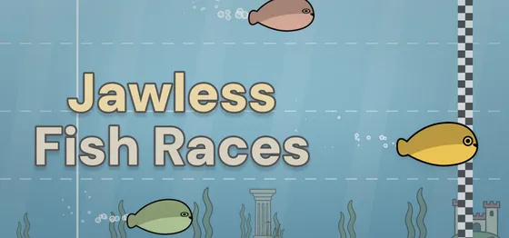 Jawless Fish Races logo over an underwater race track with three Sacabambaspis racing to a checkered line