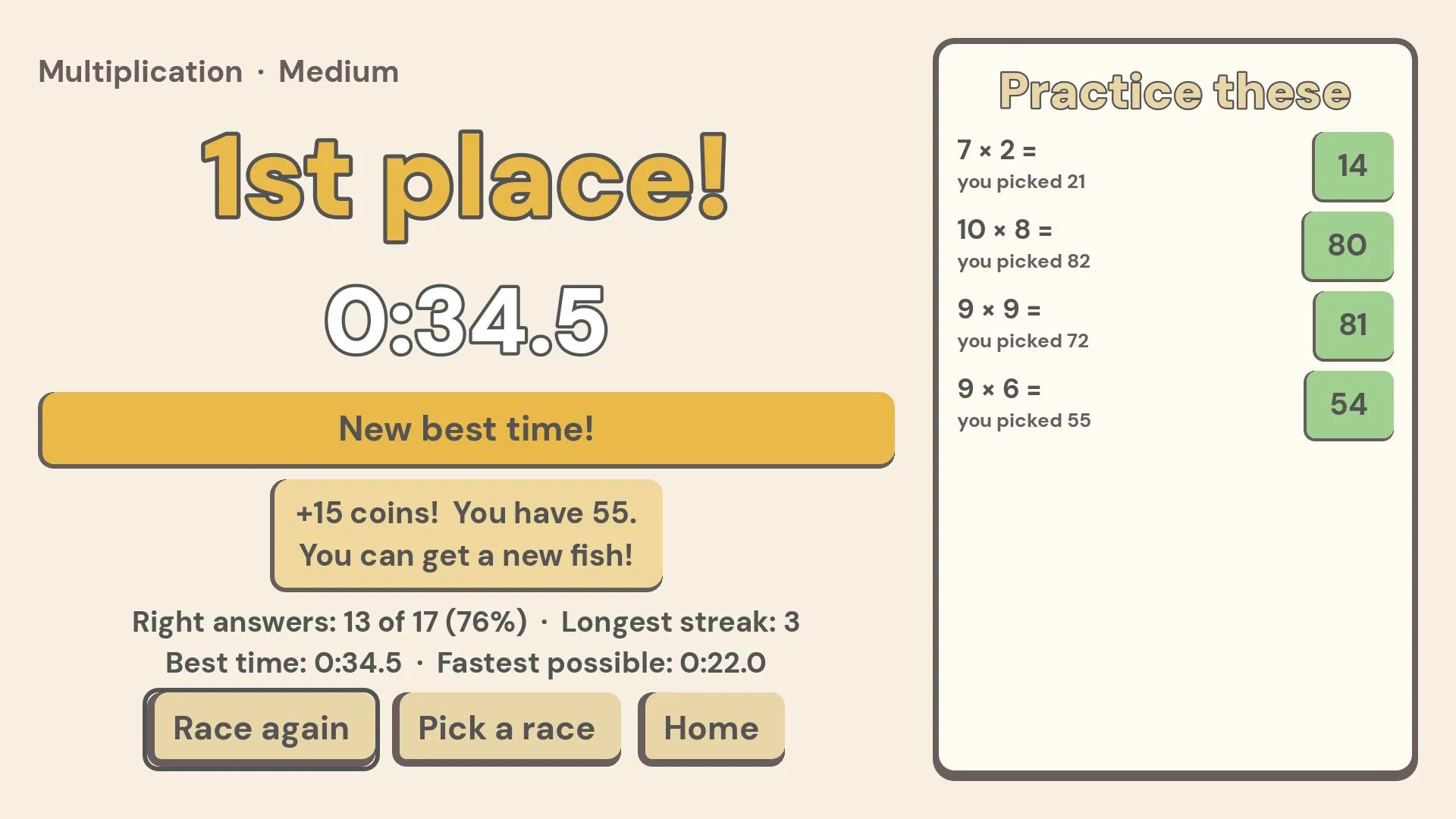 The results screen. 1st place, a new best time, coins earned, and a Practice these list of the times tables that were missed.