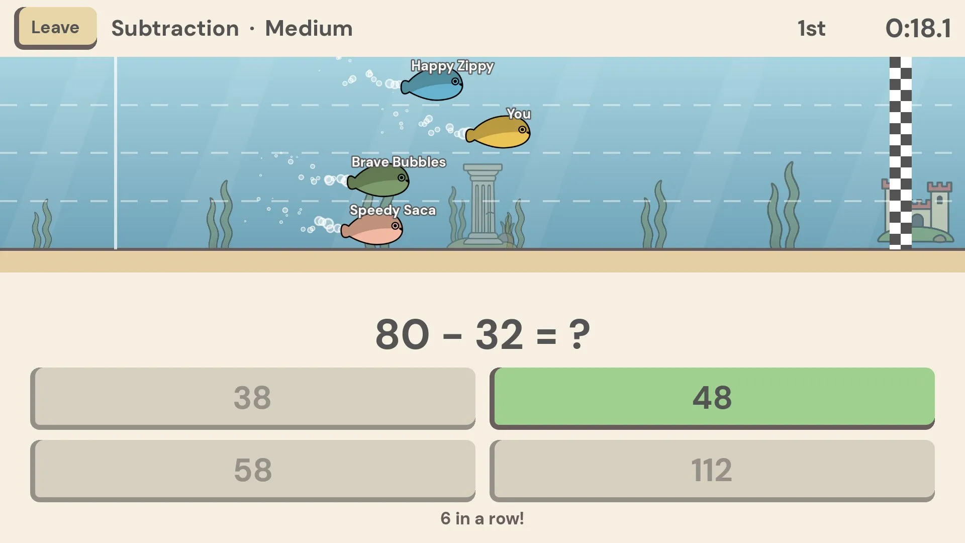 A friend race on Subtraction with fish named Happy Zippy and Brave Bubbles in the other lanes.