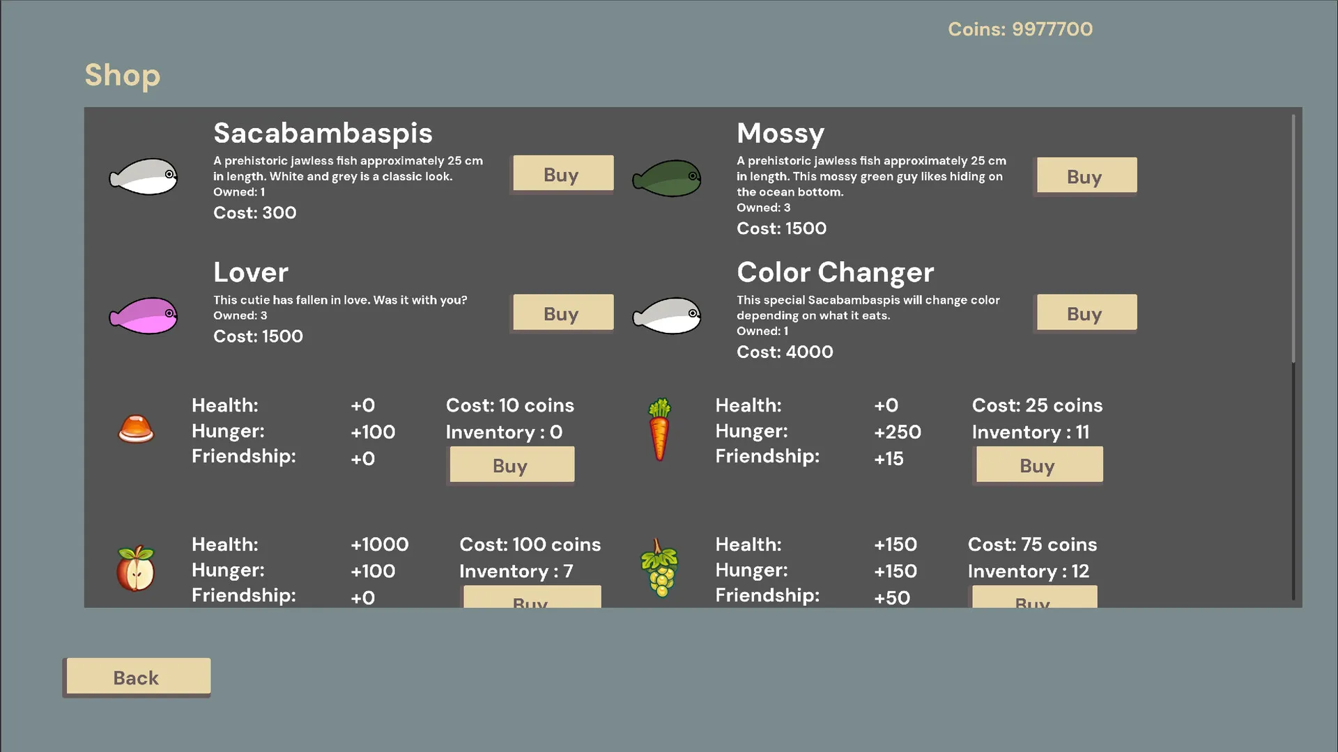 The Jawless Fishtank shop, showing fish for sale and food with health, hunger and friendship stats