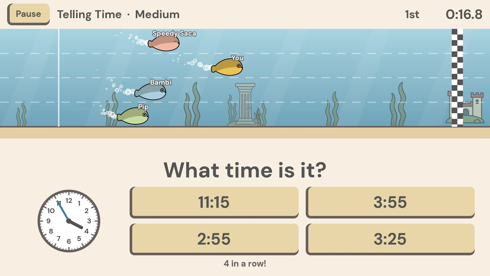 A Telling Time question. A clock face sits next to four times to pick from.